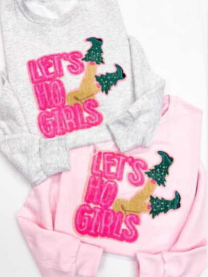 Let’s Ho Girls Christmas Sequins Chenille Patch Sweatshirt