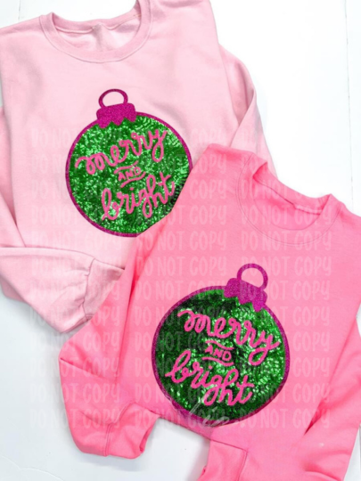 Merry & Bright Ornament Christmas Sequins Chenille Patch Sweatshirt